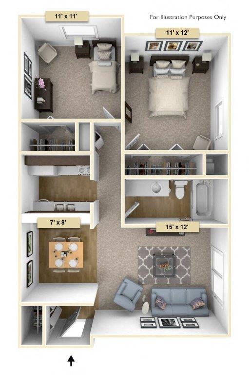 Floor plan for 2 beds, 1 bath, 900 sqft